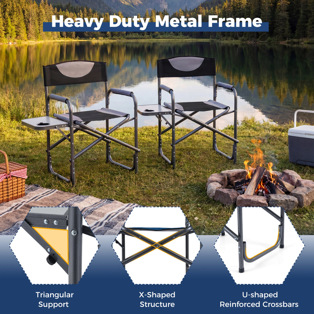 Lightweight folding camping chair with side table, black, featuring a heavy-duty metal frame and soft EVA foam seat for.