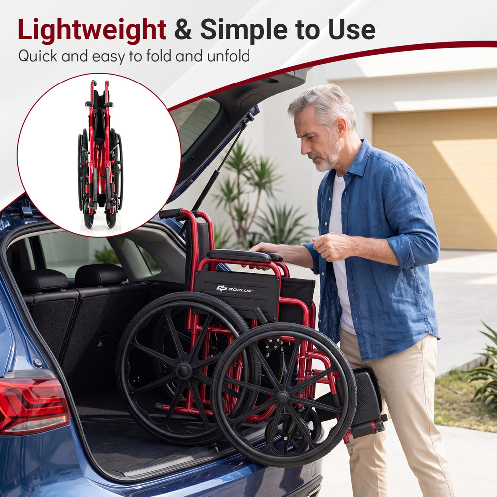 Lightweight folding wheelchair in red features swing-away footrests, desk-length arms, and compact design for easy transport.