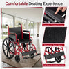 Lightweight folding wheelchair in red features padded armrests, swing-away footrests, and breathable nylon for comfort.