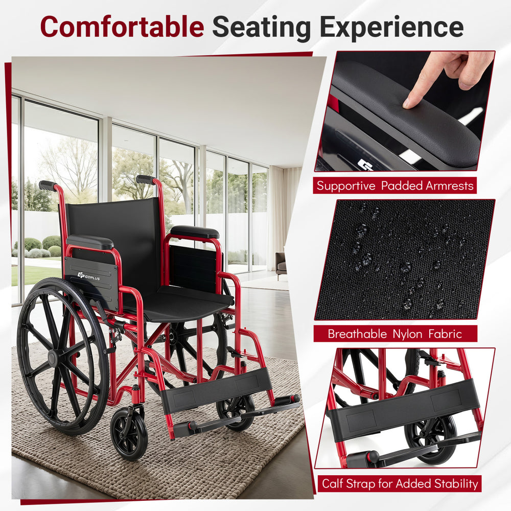 Lightweight folding wheelchair in red features padded armrests, swing-away footrests, and breathable nylon for comfort.
