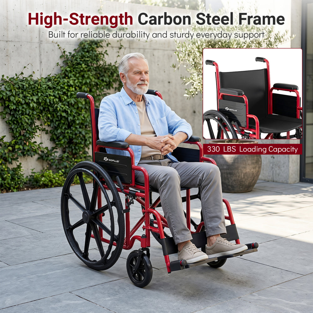 Lightweight folding wheelchair with a high-strength carbon steel frame, swing-away footrests, and 330 lbs loading capacity.