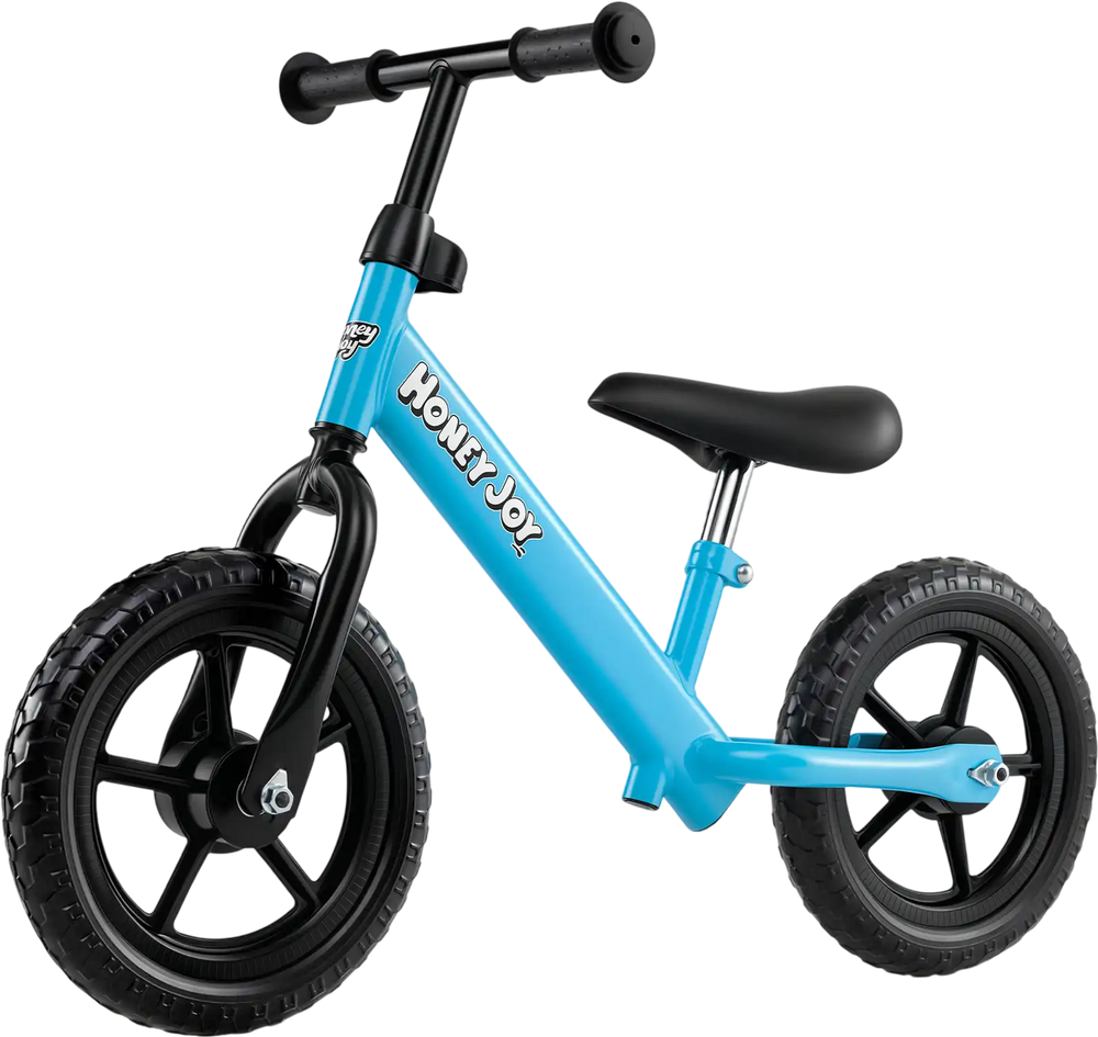 Lightweight blue toddler balance bike with adjustable seat, 11" anti-skid tires, and carbon steel frame for easy riding.