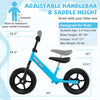 Lightweight toddler balance bike in blue with adjustable seat and handlebar, designed for kids aged 2-5 years.