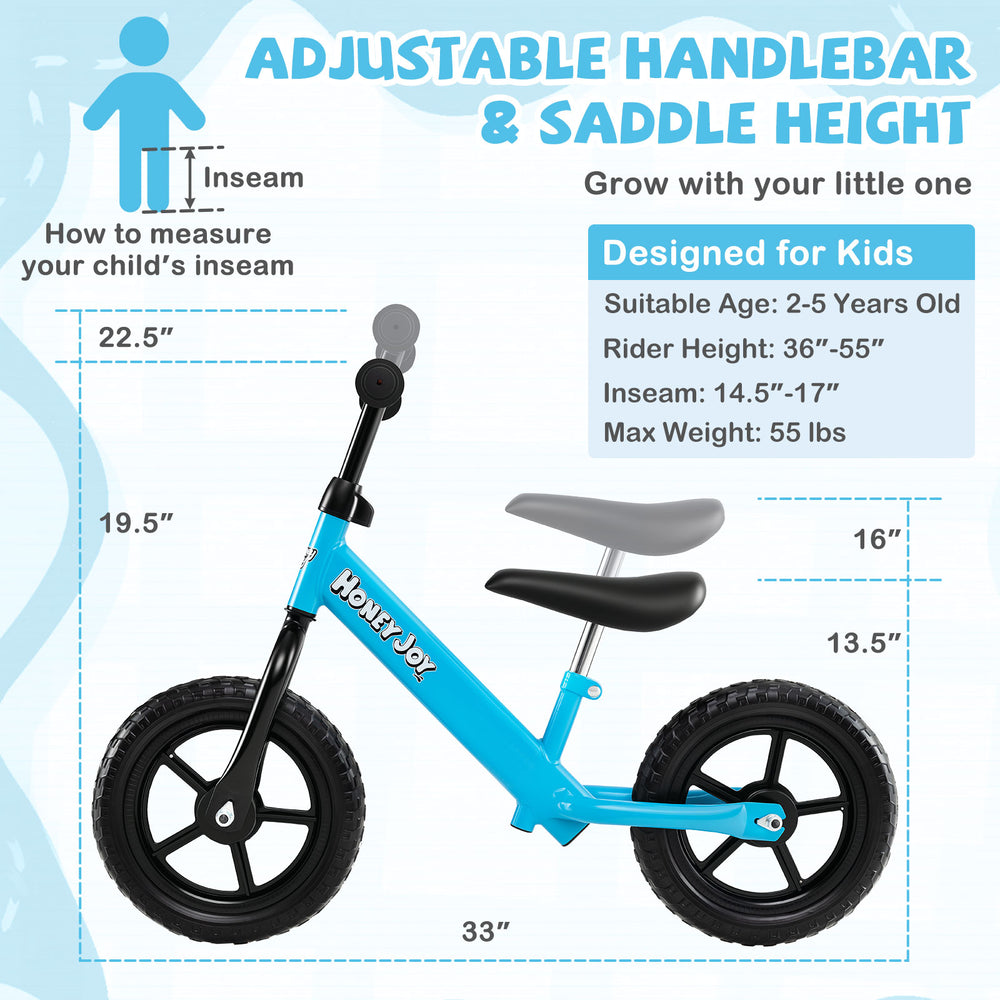Lightweight toddler balance bike in blue with adjustable seat and handlebar, designed for kids aged 2-5 years.