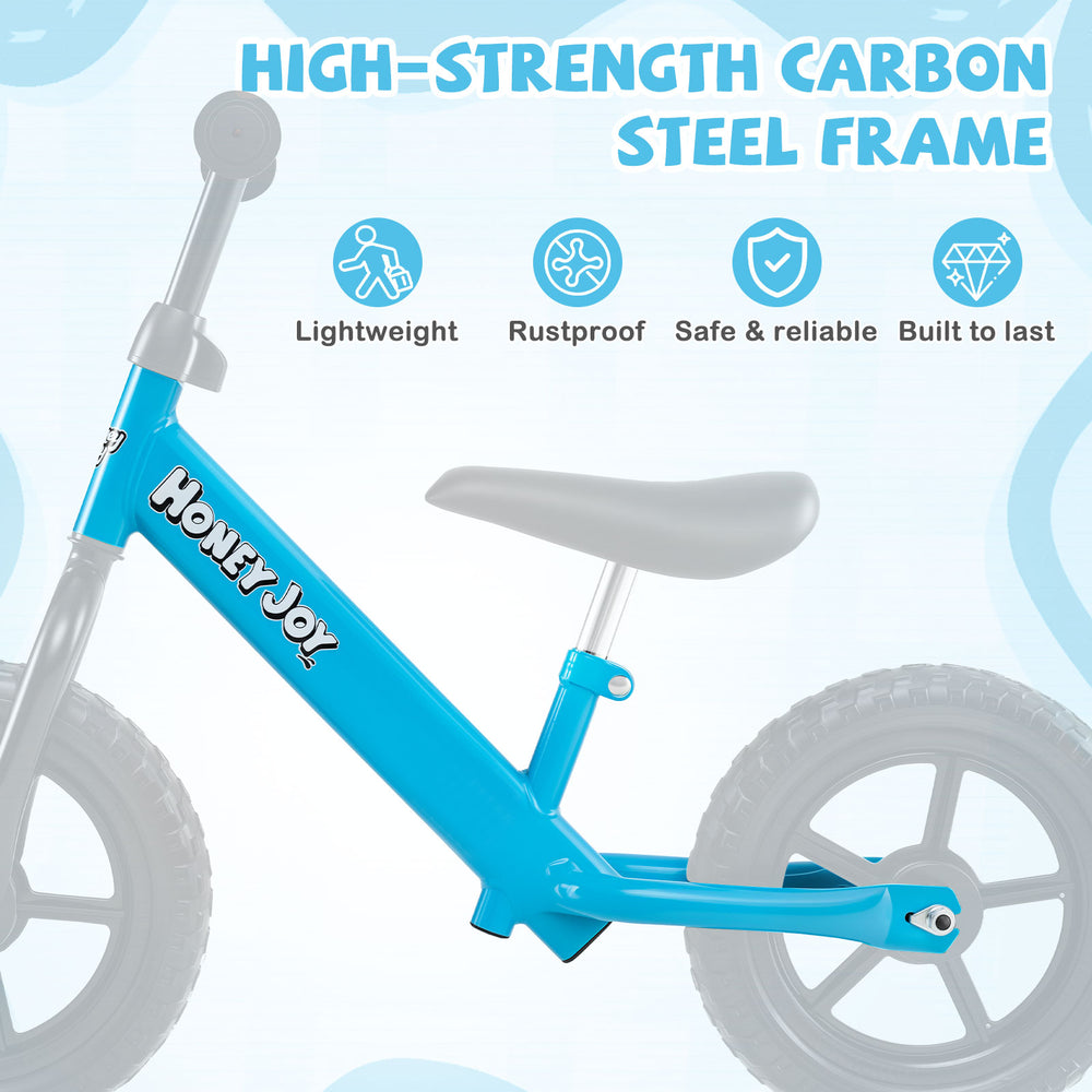 Lightweight toddler balance bike in blue with a high-strength carbon steel frame, adjustable seat, and anti-skid tires.