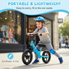 Lightweight toddler balance bike in blue with adjustable seat, 11" anti-skid tires, perfect for outdoor adventures.