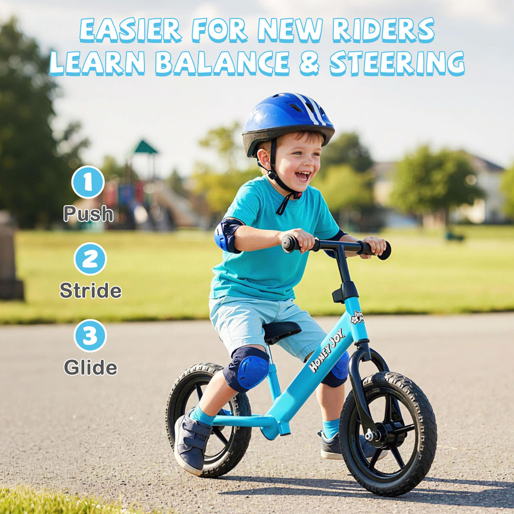 Lightweight blue toddler balance bike with adjustable seat, 11" puncture-free tires, ideal for learning balance and.