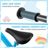 Close-up of the padded saddle-shaped seat and anti-slip grips on a lightweight toddler balance bike for comfortable.
