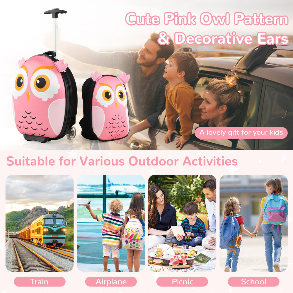 Lightweight pink owl rolling suitcase and backpack set for kids, perfect for travel and outdoor activities.