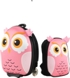 Pink owl-themed lightweight rolling suitcase and backpack set for kids, featuring durable material and adjustable.