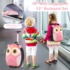 16" pink rolling suitcase and 12" backpack set for kids, featuring cute owl design and adjustable handle for easy.