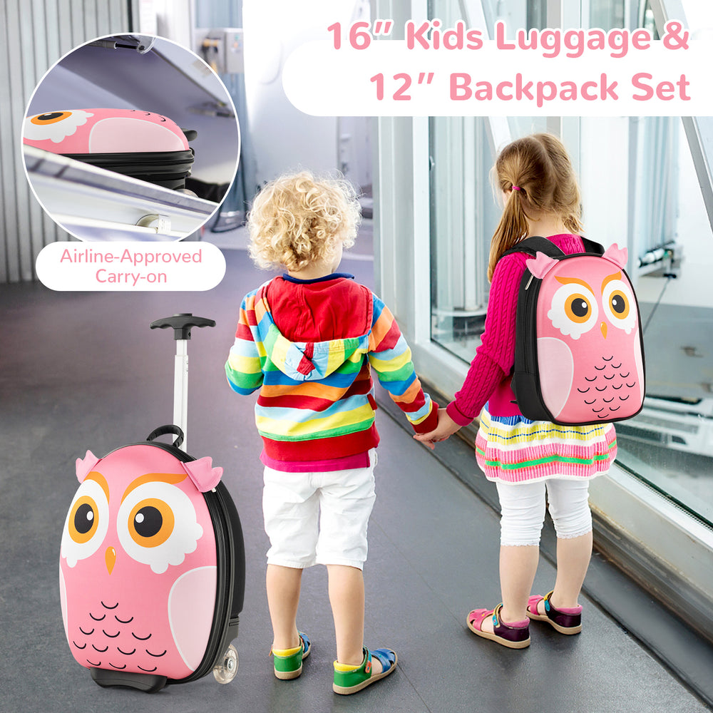 16" pink rolling suitcase and 12" backpack set for kids, featuring cute owl design and adjustable handle for easy.