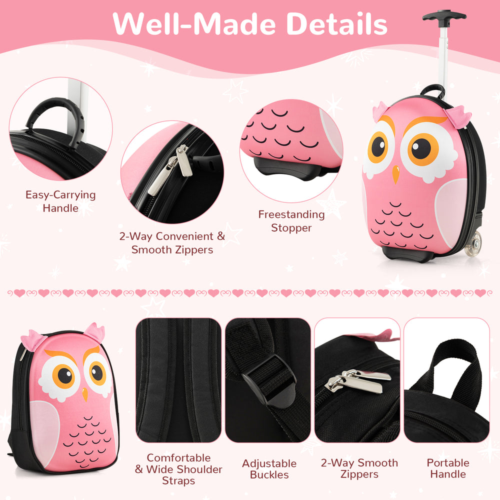 Lightweight pink rolling suitcase for children with easy-carry handle, smooth zippers, and adjustable shoulder straps.