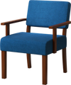 Blue linen accent chair with padded seat and backrest, featuring a solid rubber wood frame for living room elegance.