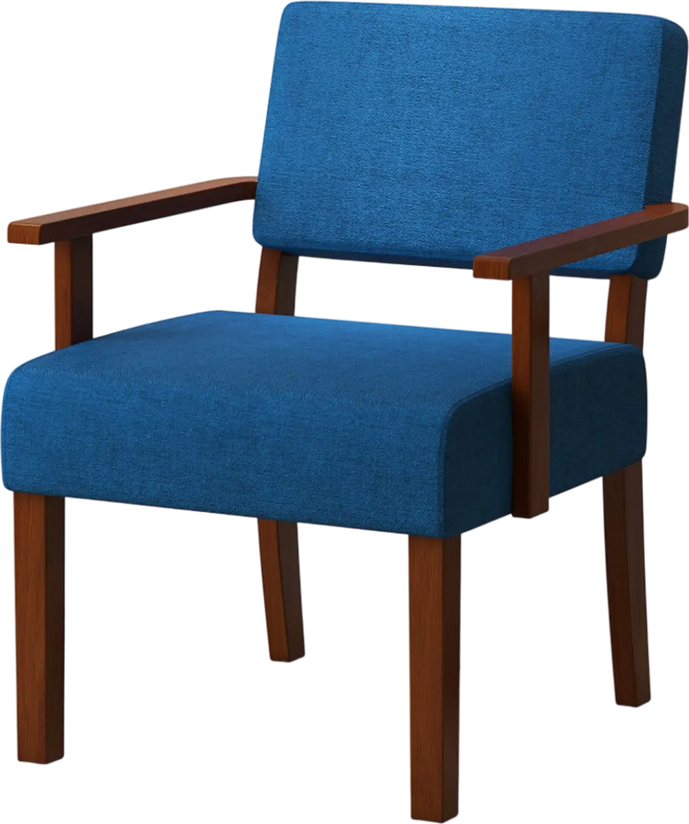Blue linen accent chair with padded seat and backrest, featuring a solid rubber wood frame for living room elegance.