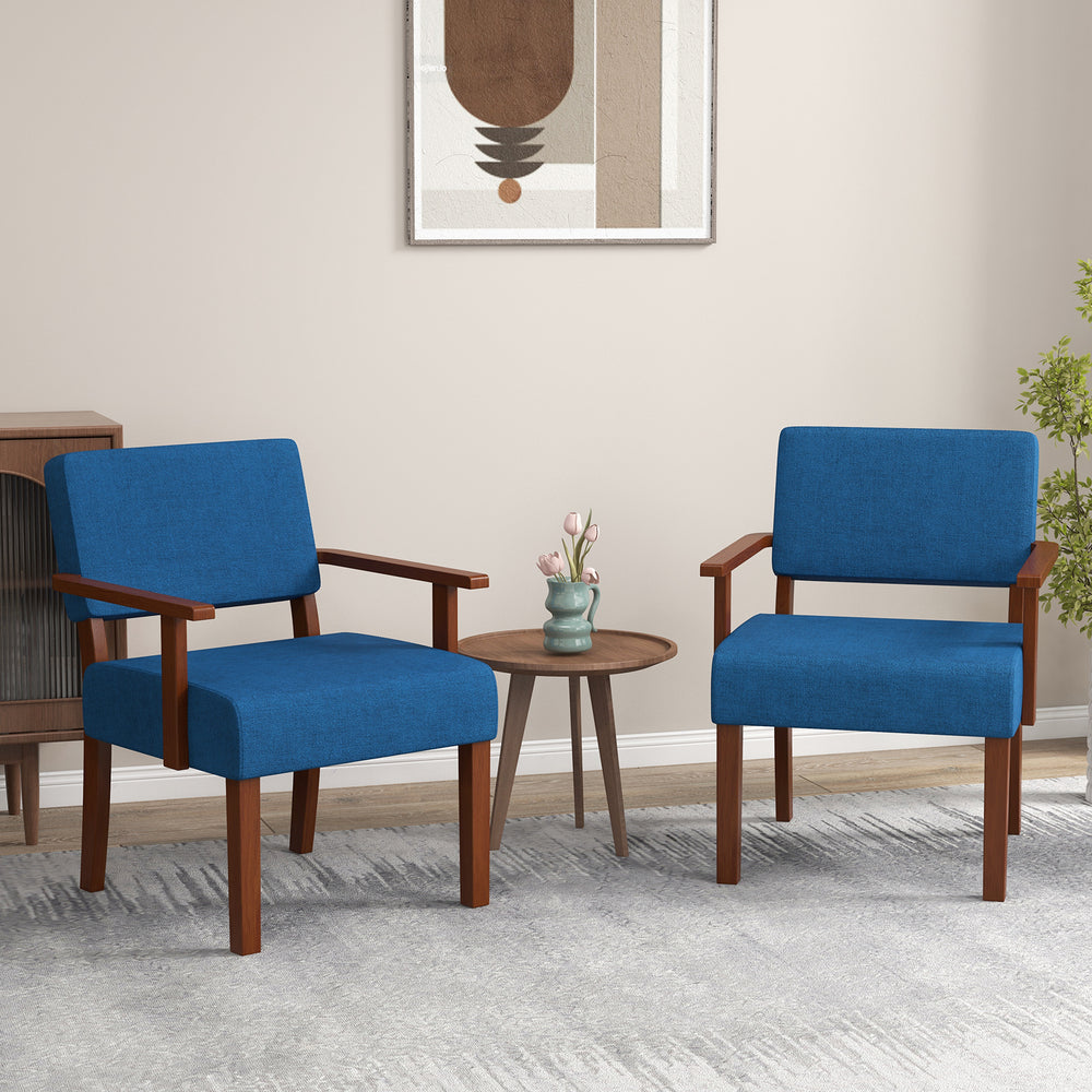 Blue linen accent chairs with padded seats and ergonomic backrests, perfect for living room or study decor.