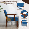 Blue linen accent chair showcasing ergonomic backrest, smooth armrests, and wide seat for comfortable living room.