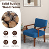 Blue linen accent chair with solid rubber wood frame, ergonomic backrest, and soft padded seat for living room comfort.
