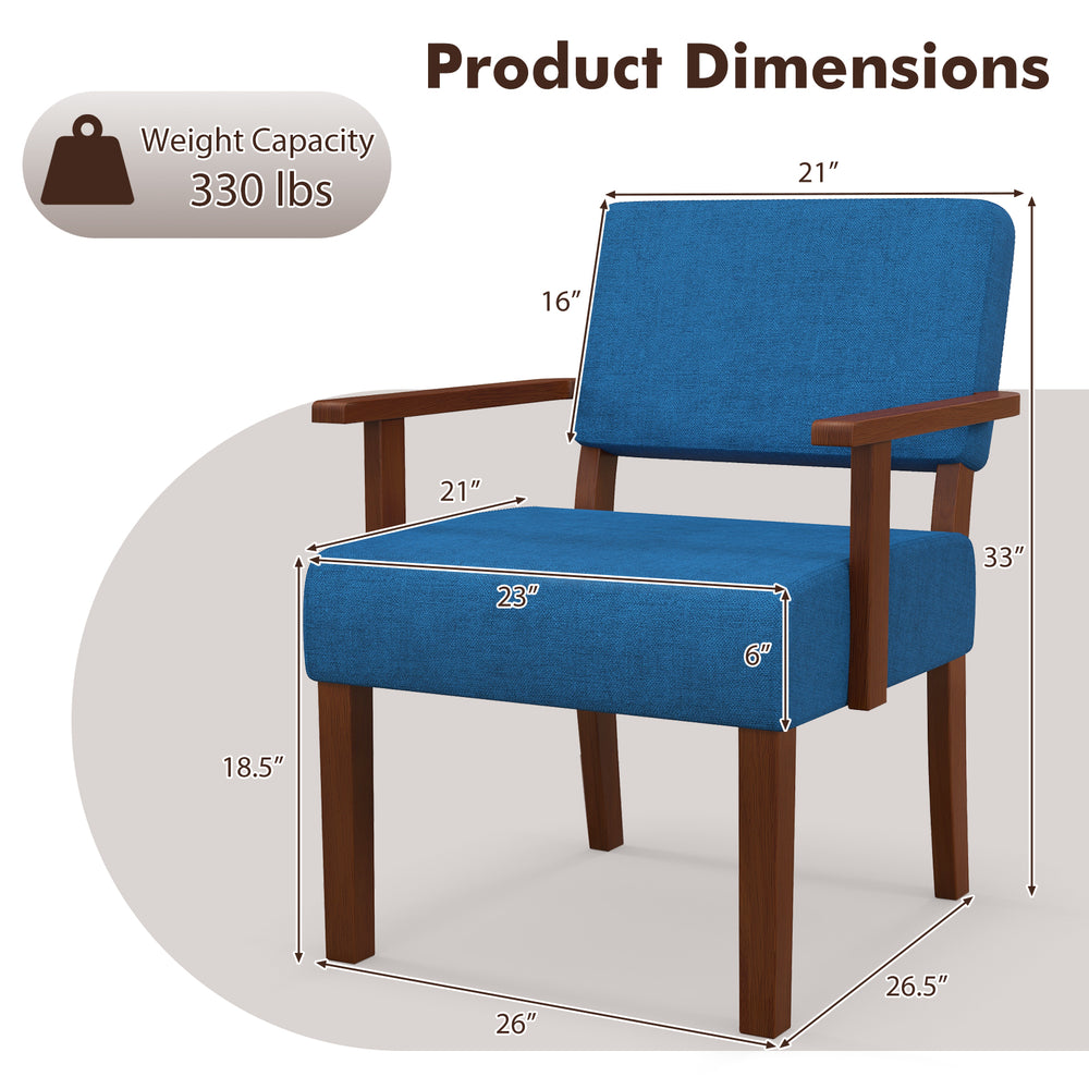 Blue linen accent chair with ergonomic backrest, solid rubber wood frame, and dimensions for living room comfort.