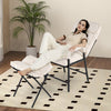 Beige linen fabric accent chair with adjustable backrest and footrest, ideal for comfortable lounging in any room.