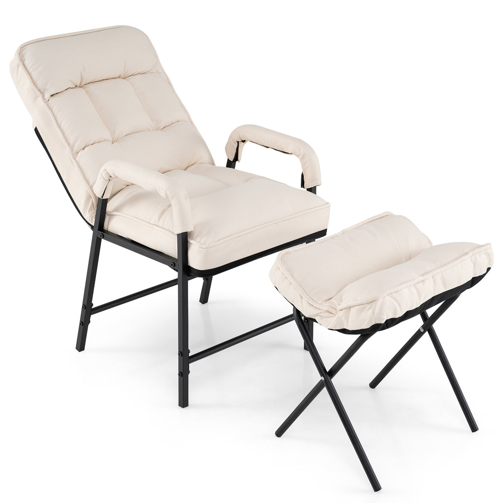 Beige linen fabric accent chair with adjustable backrest and padded ottoman, designed for versatile home comfort and.