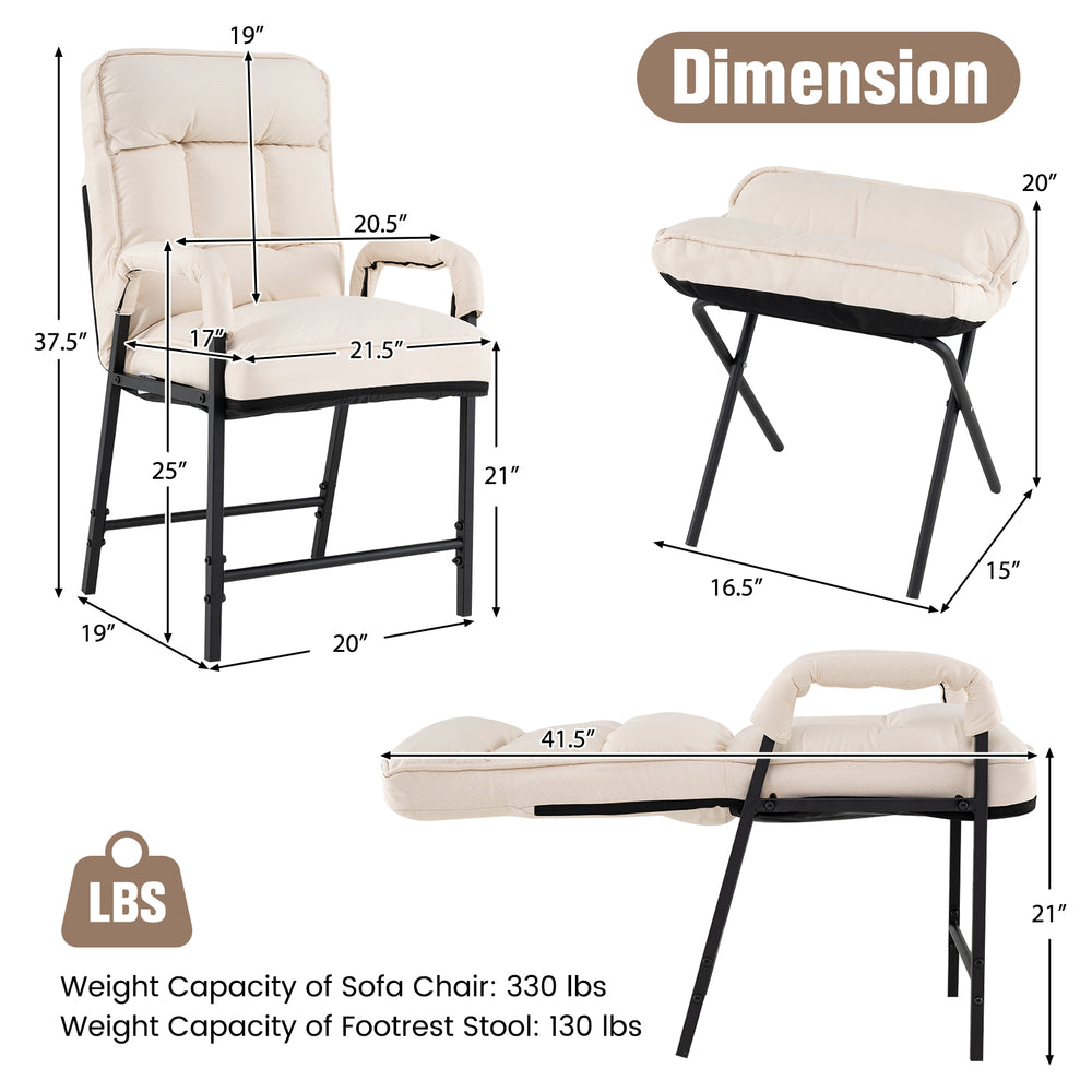 Beige linen fabric accent chair with adjustable backrest and foldable footrest, ideal for living room or study use.