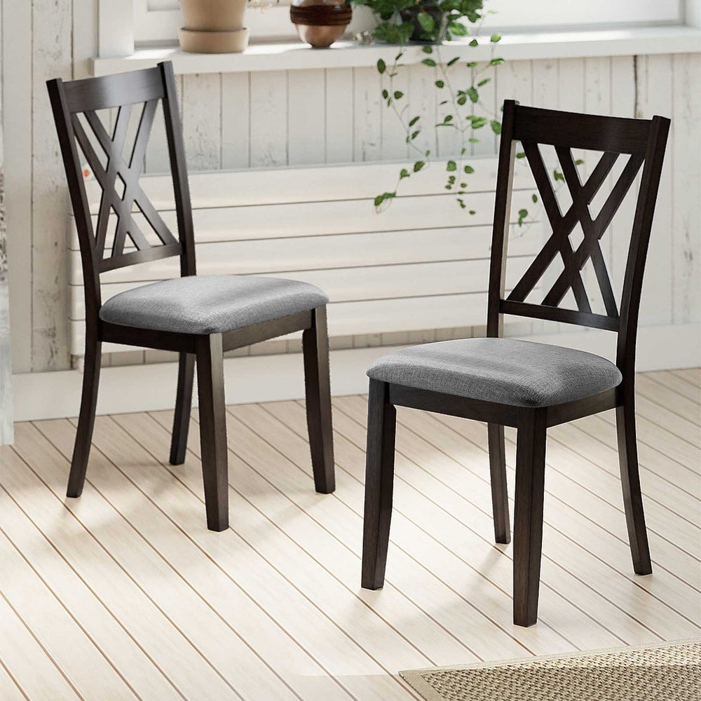 Set of 2 gray linen fabric upholstered wooden dining chairs with rubber wood frame, featuring X-shaped back design.
