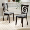 Set of 2 gray linen fabric upholstered wooden dining chairs with rubber wood frame, featuring X-shaped back design.