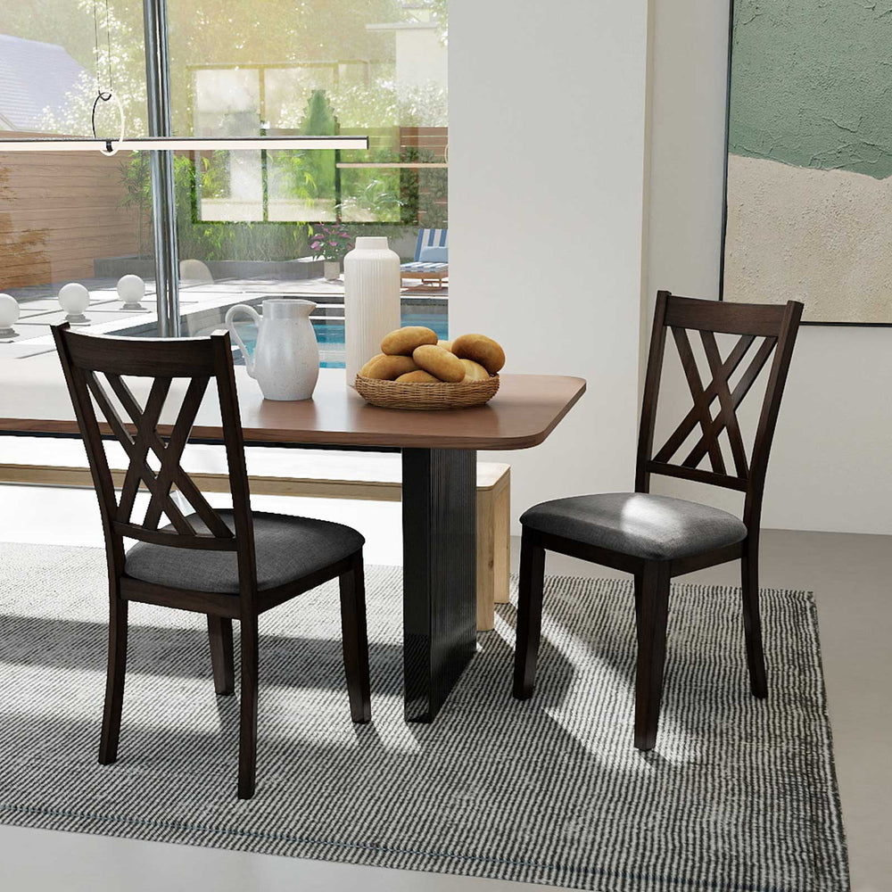 Gray linen fabric upholstered dining chairs with rubber wood frame, featuring X-shaped design for comfort and.