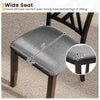 Wide seat of gray linen fabric upholstered dining chair with rubber wood frame, designed for comfort and stability.