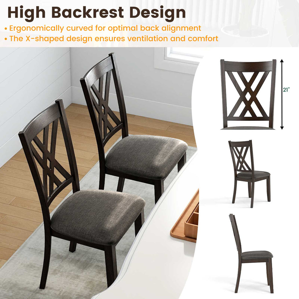 Set of 2 gray linen fabric upholstered dining chairs with rubber wood frame and ergonomic high backrest for comfort.