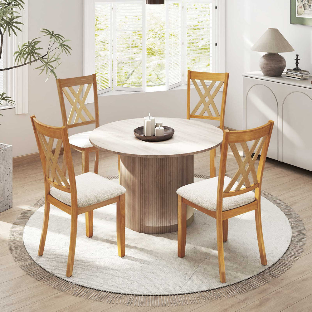 Linen Fabric Upholstered Wooden Dining Chair Set of 4 with Rubber Wood Frame for Dining Room-Natural - Gallery View 1 of 8