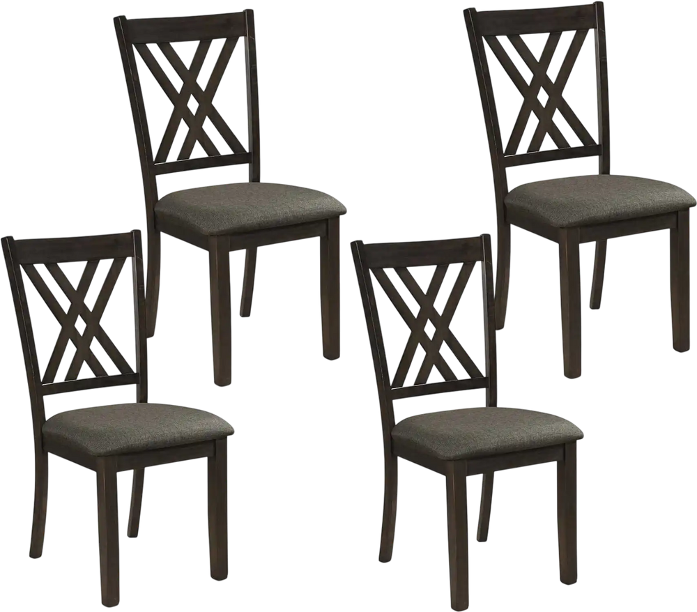 Set of 4 gray linen fabric upholstered wooden dining chairs with rubber wood frame, featuring X-shaped backrest design.
