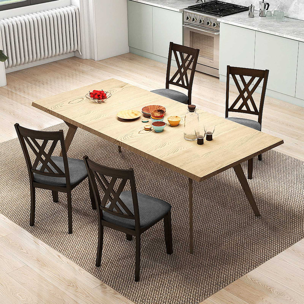 Gray linen fabric upholstered dining chairs with rubber wood frame, featuring ergonomic high backrest for comfort.