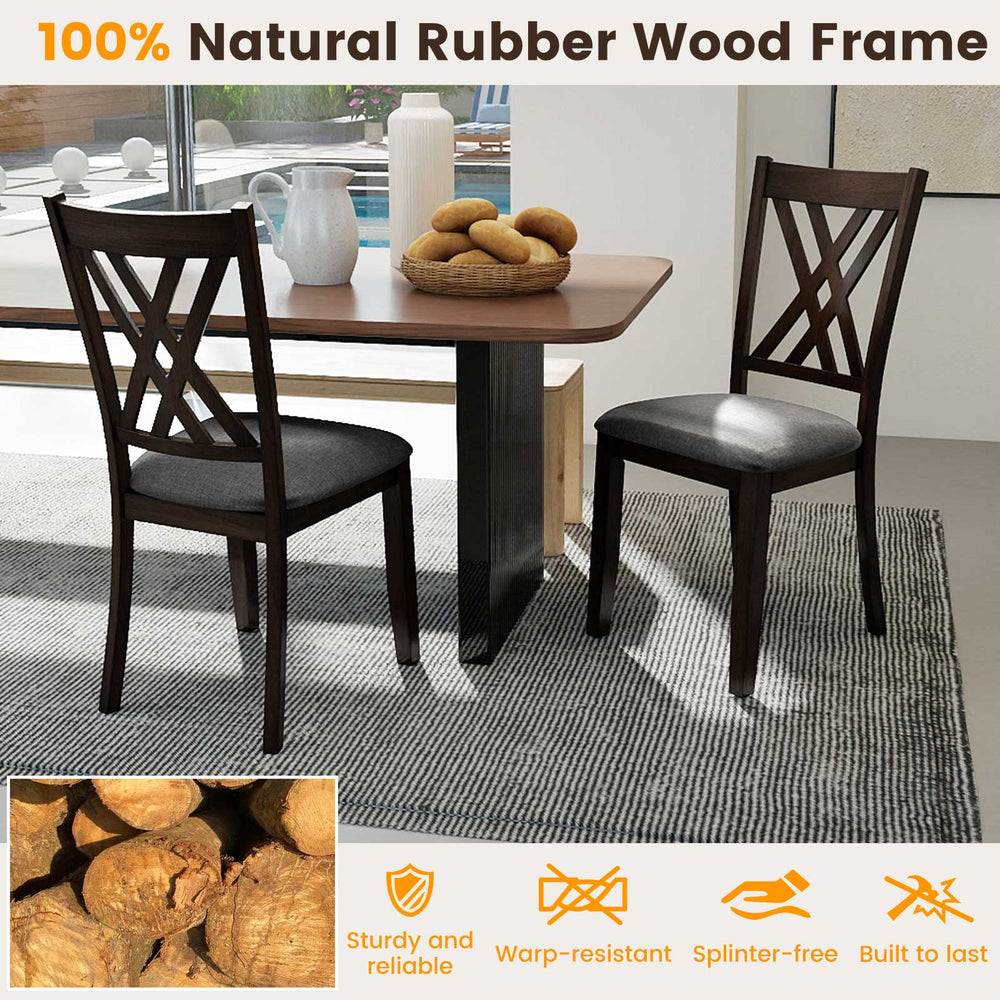 Gray linen fabric upholstered dining chairs with rubber wood frame, featuring X-shaped design for comfort and.