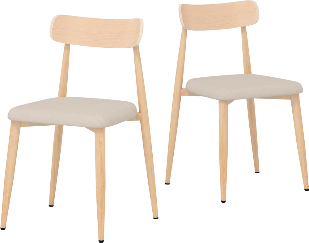 Set of 2 modern dining chairs with oak legs, padded linen fabric seats, and curved backs for optimal comfort.