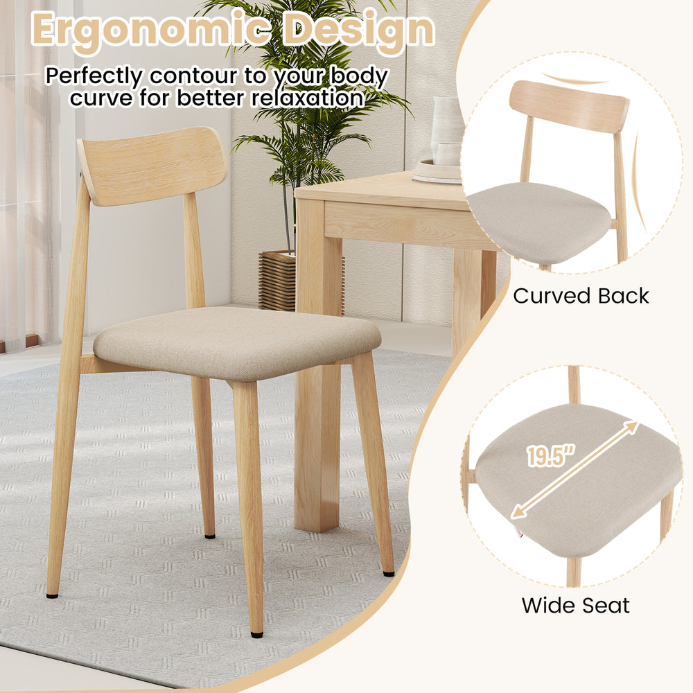 Curved back and wide seat of the linen fabric upholstered dining chair set, designed for optimal comfort and support.
