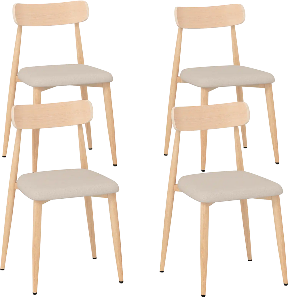 Set of 4 modern dining chairs with oak legs, padded linen fabric seats, and curved backs for stylish comfort.