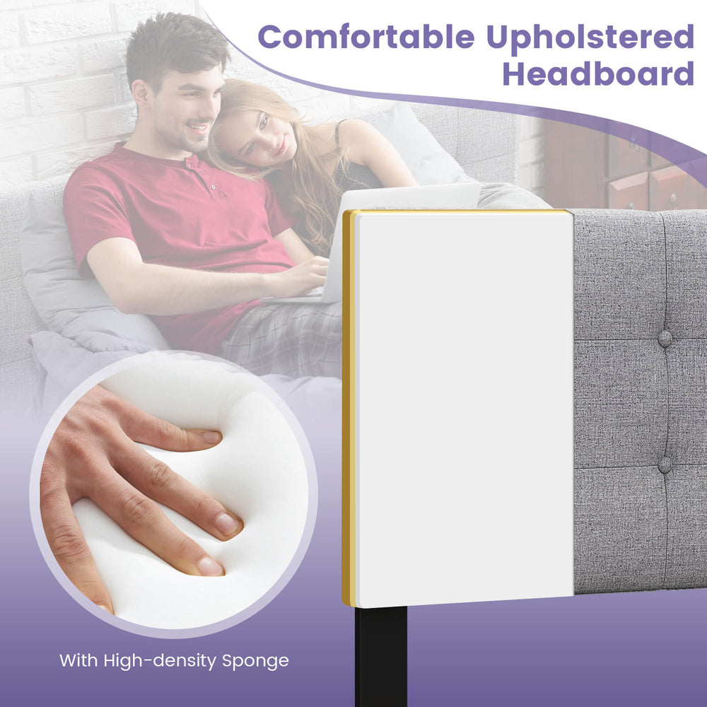 Linen upholstered headboard in gray with solid rubber wood legs, featuring a comfortable high-density sponge for.