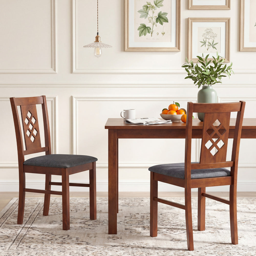 Set of 2 cherry wood kitchen chairs with diamond lattice design and linen-style upholstery, perfect for dining areas.