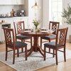 Round dining table set with four cherry wood chairs featuring diamond lattice design and linen-style upholstery.