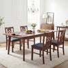 Set of 4 cherry wood framed kitchen chairs with diamond lattice design and linen-style upholstery for dining rooms.