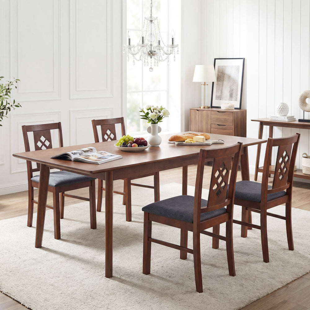 Set of 4 cherry wood framed kitchen chairs with diamond lattice design and linen-style upholstery for dining rooms.