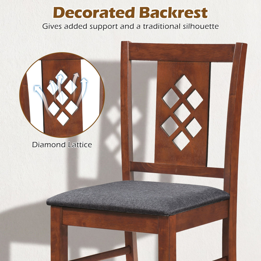 Linen-style upholstered kitchen chair with a cherry wood frame and diamond lattice backrest for added support.