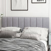 Gray linen upholstered headboard with vertical channel tufting, sponge padding, and solid wood legs for full or queen.