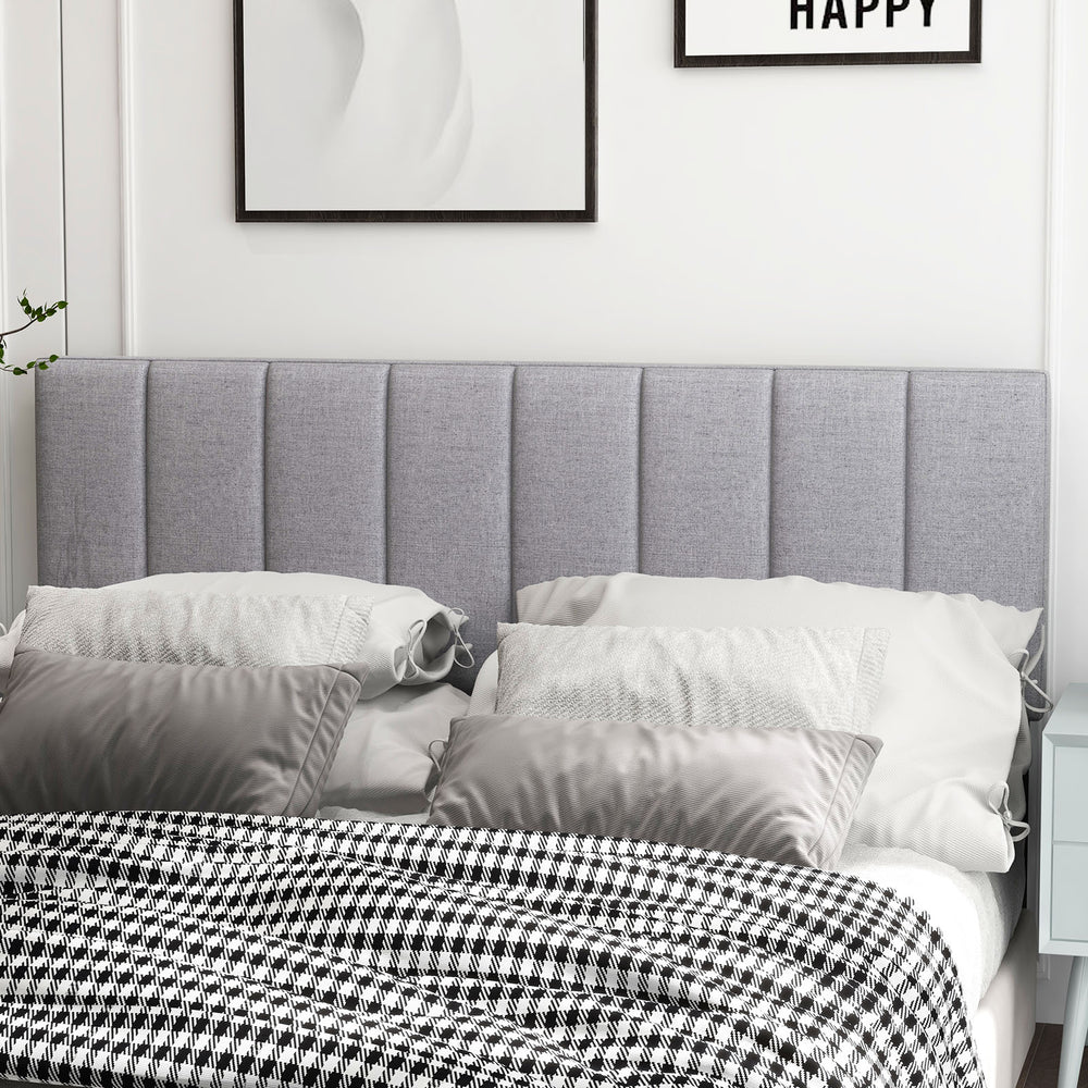 Gray linen upholstered headboard with vertical channel tufting, sponge padding, and solid wood legs for full or queen.