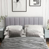 Gray linen upholstered headboard with vertical channel tufting, suitable for full and queen size bed frames, enhancing.