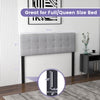Gray linen upholstered headboard with solid rubber wood legs, adjustable for full/queen size bed, featuring button.