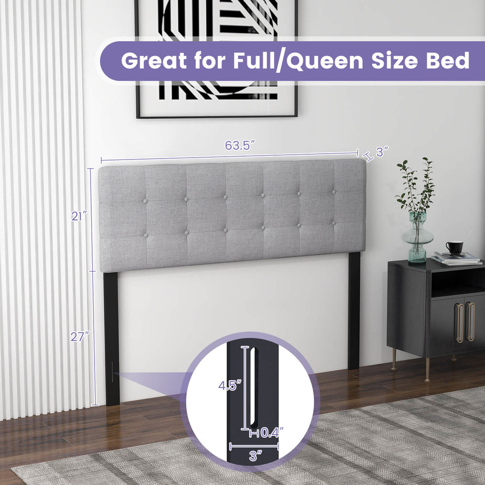 Gray linen upholstered headboard with solid rubber wood legs, adjustable for full/queen size bed, featuring button.