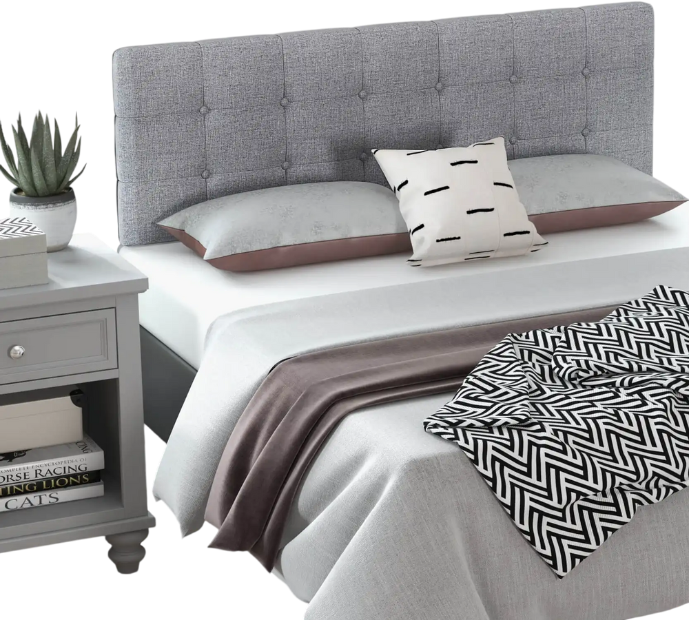 Linen upholstered headboard in gray with button tufting, adjustable for full/queen beds, featuring solid rubber wood.